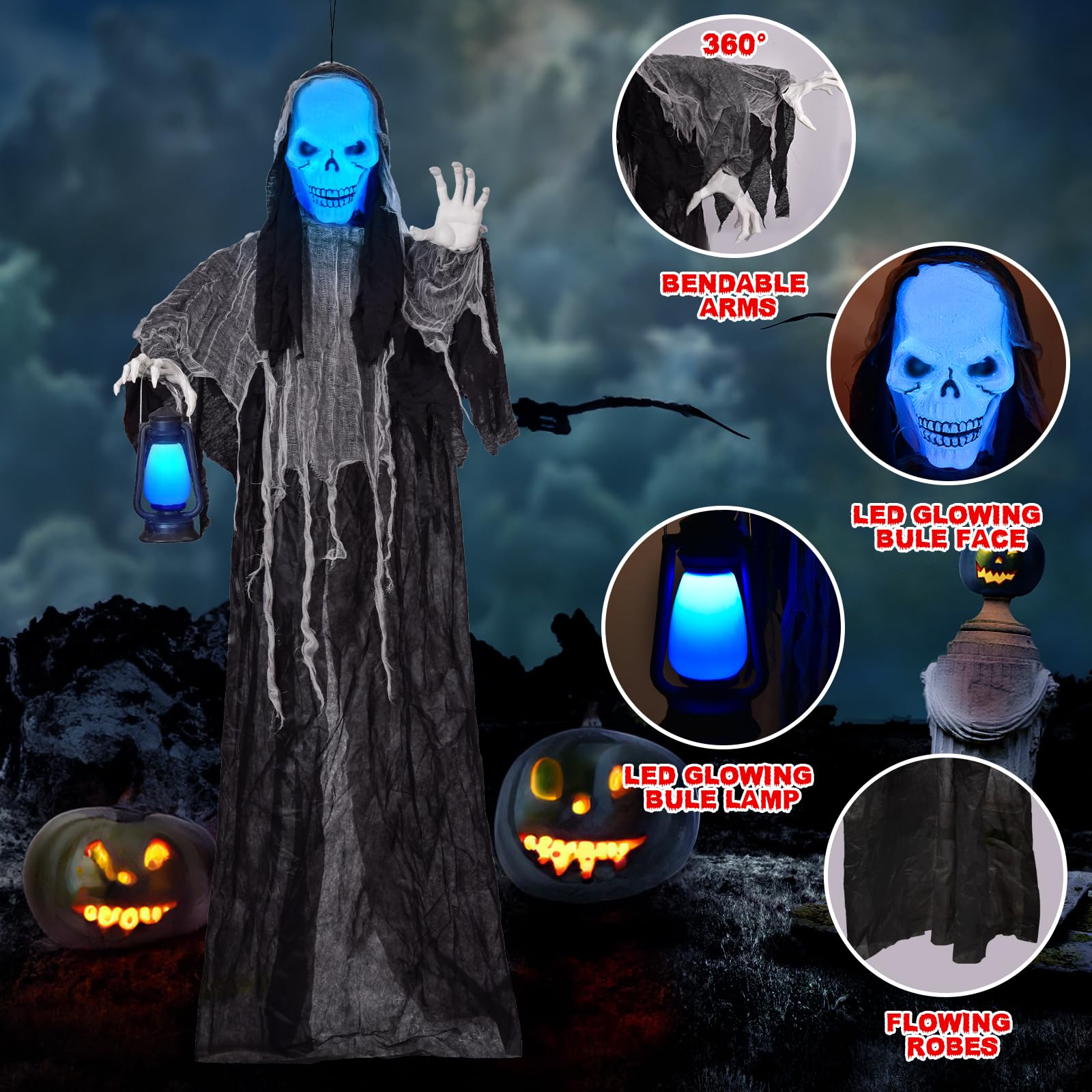 NIFTI NEST Grim Reaper with Light-up Head, Lamp & Creepy Voice, Ghost Skeletons Halloween Decorations Haunted House Props