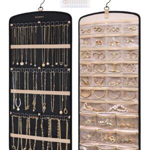 BAGSMART Hanging Jewelry Organizer, Necklace Holder Anti-tangle Earrings Rings Hanger with 20 Jewelry Bags Travel Storage Roll with Pockets Hang on Closet, Wall, Door,1 Piece, Large, Black