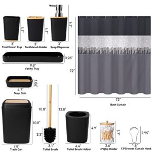 Black Bathroom Accessories Set with Glitter Shower Curtain,10 Piece Bathroom Sets with Trash Can,Toothbrush Holder,Toothbrush Cup,Lotion Soap Dispenser,Vanity Tray,Soap Dish,Toilet Brush,Qtip Holder
