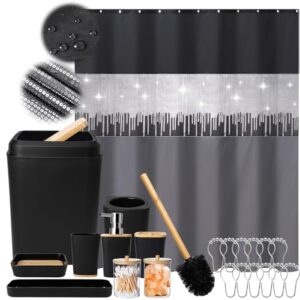 black bathroom accessories set with glitter shower curtain,10 piece bathroom sets with trash can,toothbrush holder,toothbrush cup,lotion soap dispenser,vanity tray,soap dish,toilet brush,qtip holder