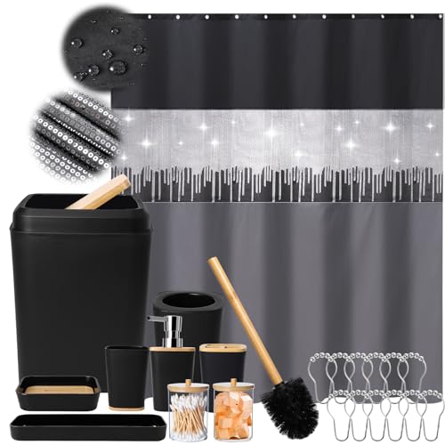 Black Bathroom Accessories Set with Glitter Shower Curtain,10 Piece Bathroom Sets with Trash Can,Toothbrush Holder,Toothbrush Cup,Lotion Soap Dispenser,Vanity Tray,Soap Dish,Toilet Brush,Qtip Holder