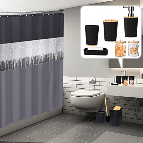 Black Bathroom Accessories Set with Glitter Shower Curtain,10 Piece Bathroom Sets with Trash Can,Toothbrush Holder,Toothbrush Cup,Lotion Soap Dispenser,Vanity Tray,Soap Dish,Toilet Brush,Qtip Holder