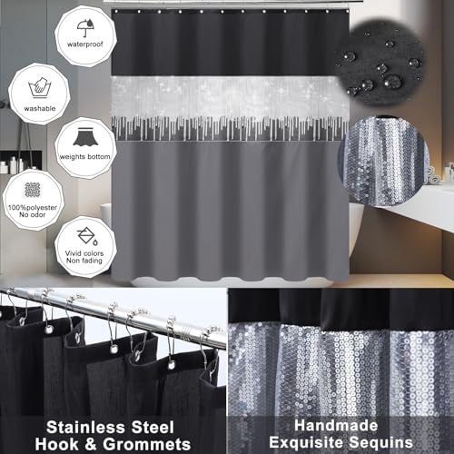 Black Bathroom Accessories Set with Glitter Shower Curtain,10 Piece Bathroom Sets with Trash Can,Toothbrush Holder,Toothbrush Cup,Lotion Soap Dispenser,Vanity Tray,Soap Dish,Toilet Brush,Qtip Holder