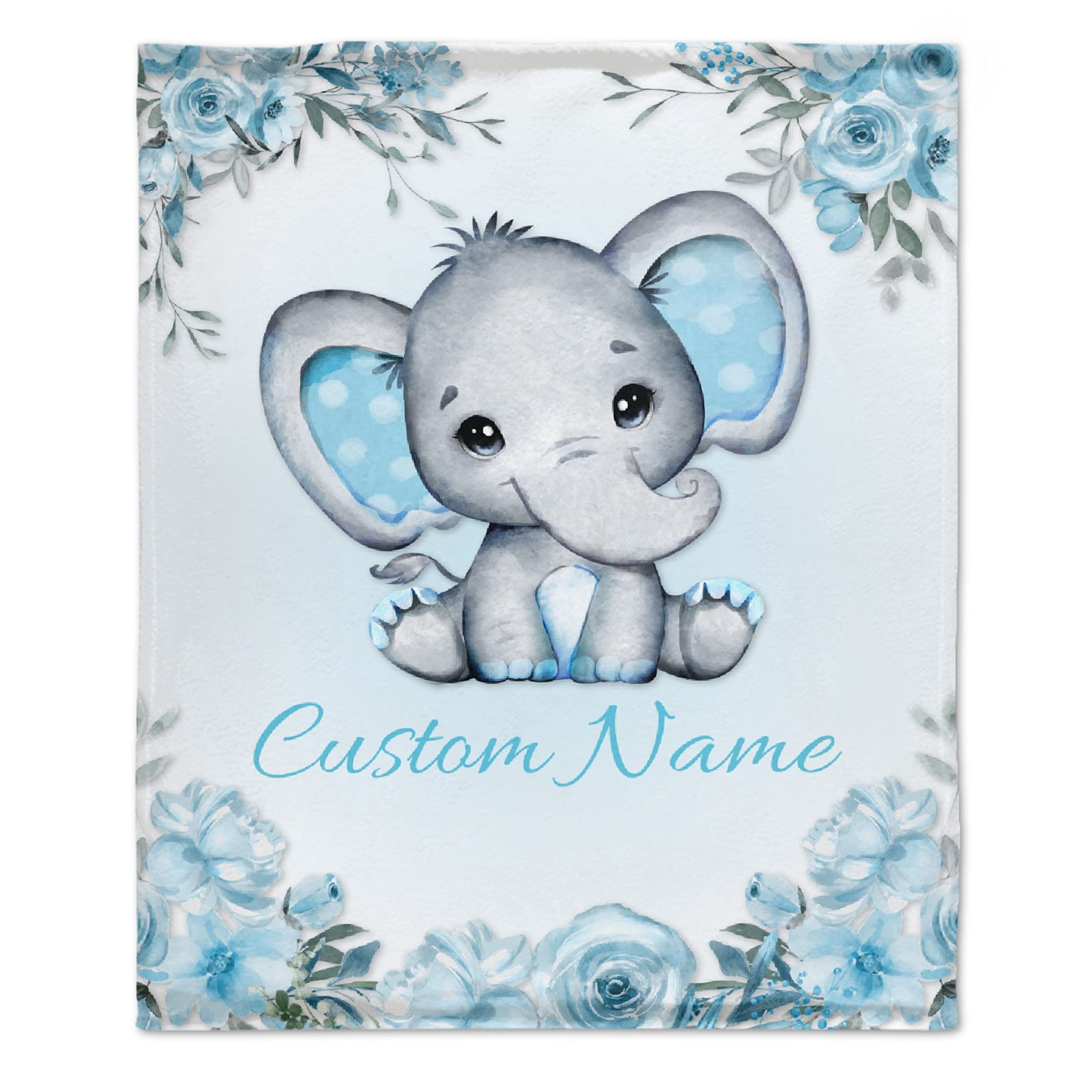 Bhaisajyaguru Personalized Floral Blue Elephant Custom Blanket with Name for Girls,Custom Name Blanket for Toddlers,Personalize Gifts for Kids 40"x30" for Pets