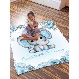 Bhaisajyaguru Personalized Floral Blue Elephant Custom Blanket with Name for Girls,Custom Name Blanket for Toddlers,Personalize Gifts for Kids 40"x30" for Pets