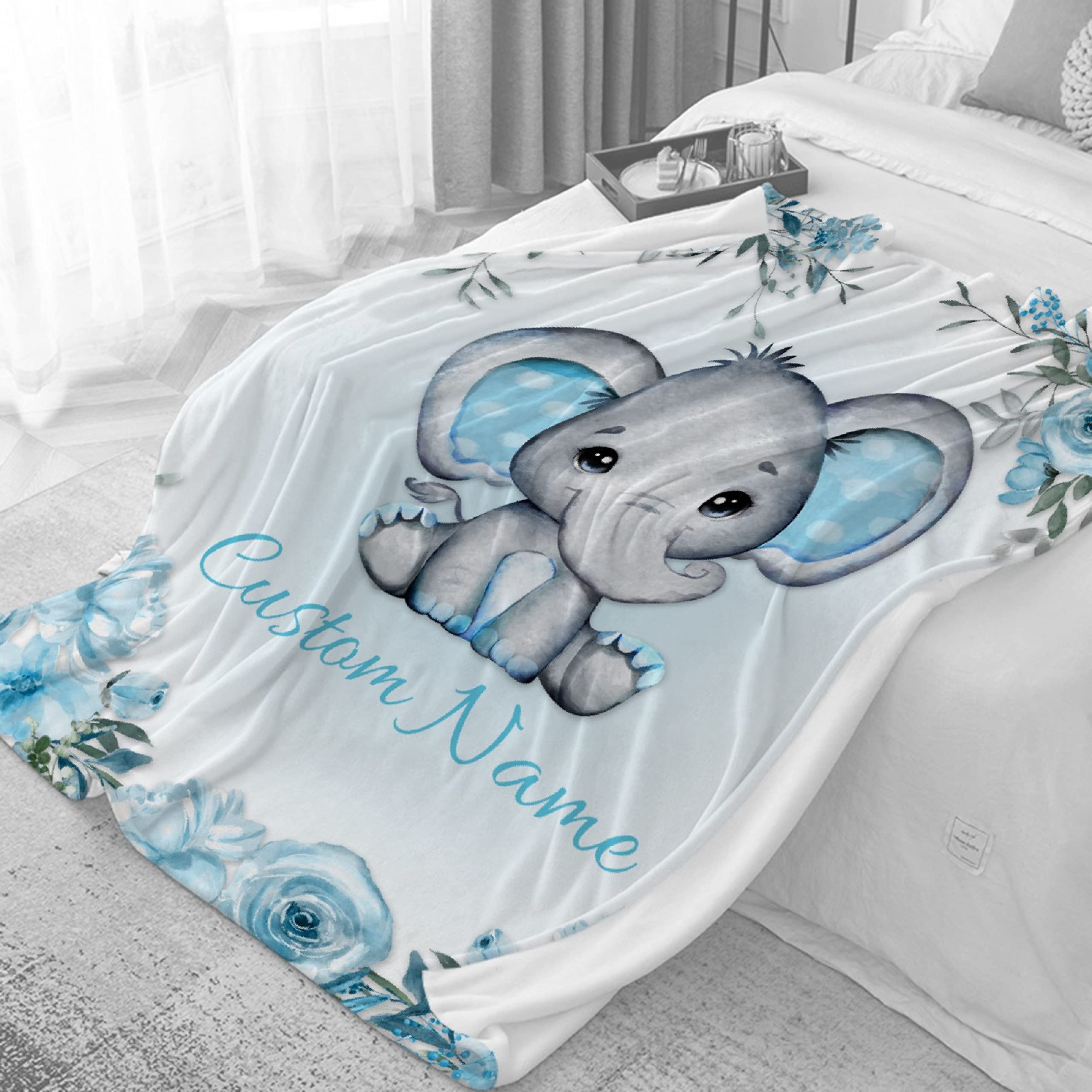 Bhaisajyaguru Personalized Floral Blue Elephant Custom Blanket with Name for Girls,Custom Name Blanket for Toddlers,Personalize Gifts for Kids 40"x30" for Pets