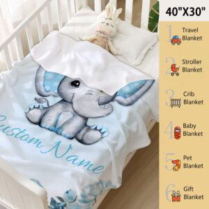 Bhaisajyaguru Personalized Floral Blue Elephant Custom Blanket with Name for Girls,Custom Name Blanket for Toddlers,Personalize Gifts for Kids 40"x30" for Pets