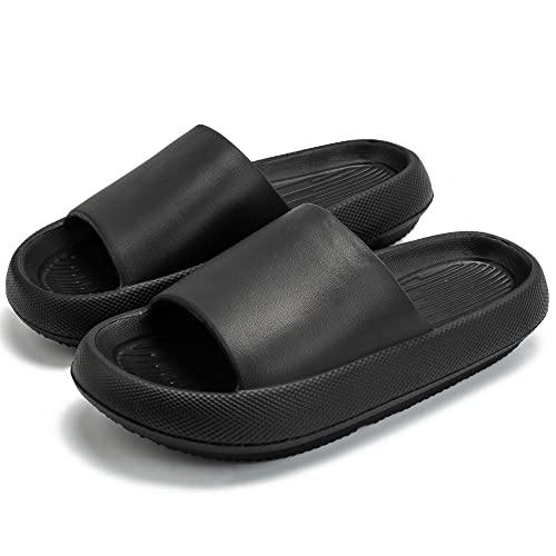 Axcone Womens Shower Slippers Pillow Slides Cloud Cushion for Mens Massage Foam Bathroom Shoes Female House Slipers Pool Beach Spa House Garden Sandals for Ladies Male Sandles Black 44-45