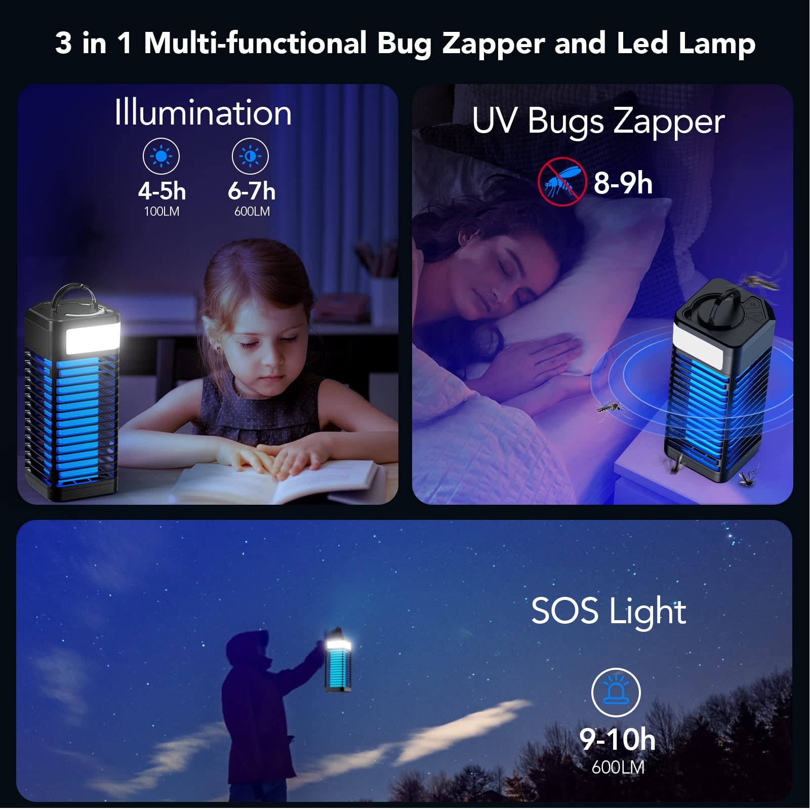 GKKOWN Bug Zapper Outdoor and Indoor, Mosquito Zapper, Fly Zapper, Electric Rechargeable Cordless Waterproof Mosquito Trap, Mosquito Killer Lamp for Home, Patio, Camping and RV, USB Battery Powered