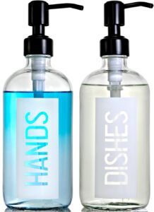 jasai 2pack 18oz clear glass soap dispenser with matte black pump, kitchen soap dispenser with hands&dishes label, modern dish soap dispenser for kitchen sink to fill hand dish soap lotion (white&blk)