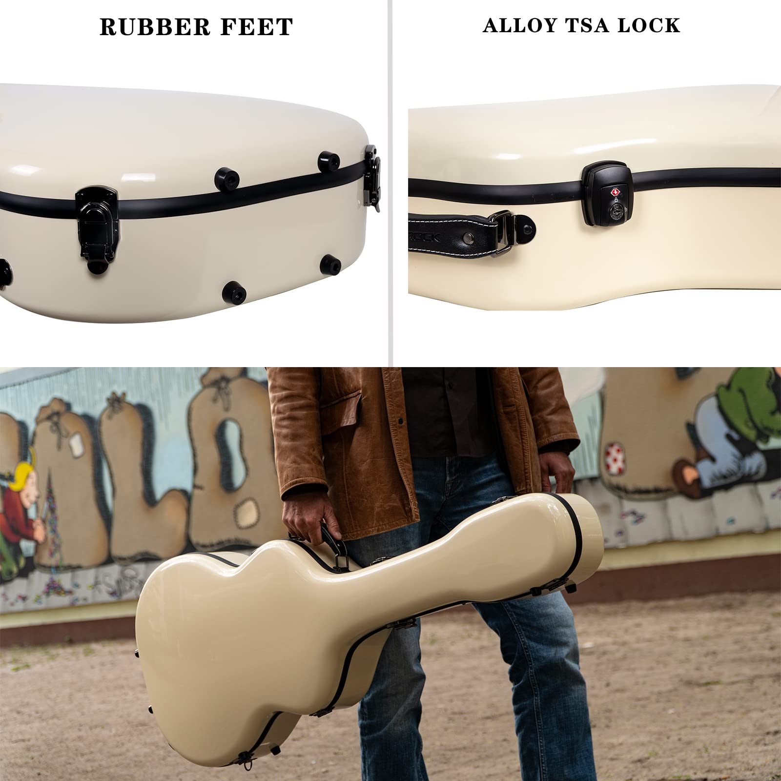 Crossrock Fiberglass Guitar Case - Fits 40"/41" Dreadnought Acoustic Guitar - Padded Straps, Interior Compartment, Fixed & Removable Paddings, Hygrometer - Includes TSA Lock - Ivory