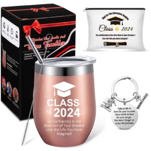 patelai class of 2024 gifts for graduates 2024, ideal graduation gifts for her him high school college graduation daughter friends graduation 12oz wine tumbler, keychain, bag (rose gold,3 pcs)