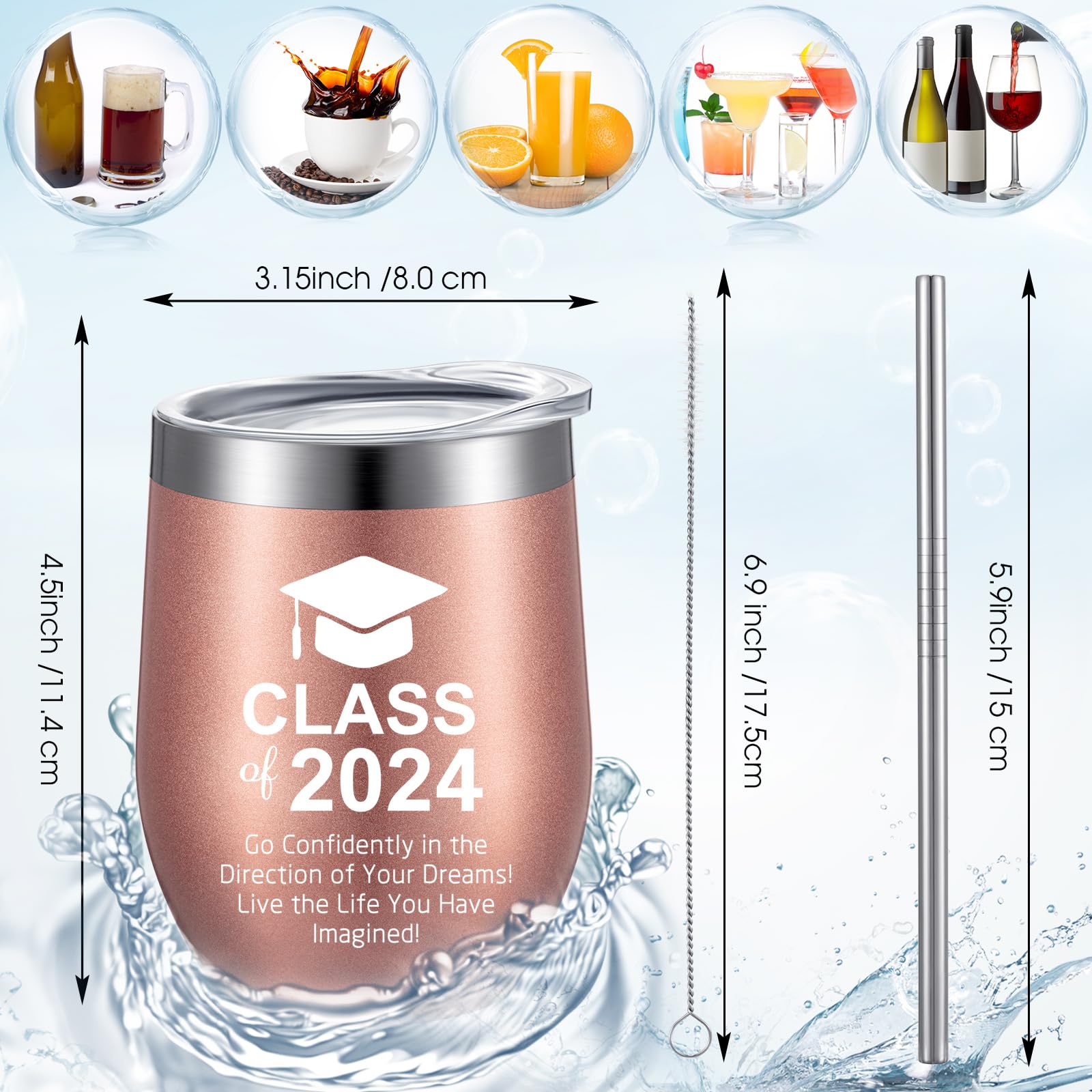 Patelai Class of 2024 Gifts for Graduates 2024, Ideal Graduation Gifts for Her Him High School College Graduation Daughter Friends Graduation 12oz Wine Tumbler, Keychain, Bag (Rose Gold,3 Pcs)