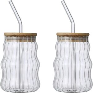 kwqbhw 2 pack drinking glasses with bamboo lids and glass straw 17oz creative ripple bobo cup new glass tumbler cups for iced coffee soda beer juice tea