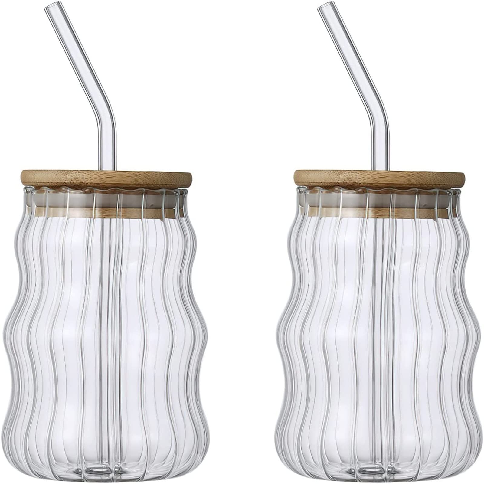 KWQBHW 2 Pack Drinking Glasses with Bamboo Lids and Glass Straw 17oz Creative Ripple Bobo Cup New Glass Tumbler Cups for Iced Coffee Soda Beer Juice Tea