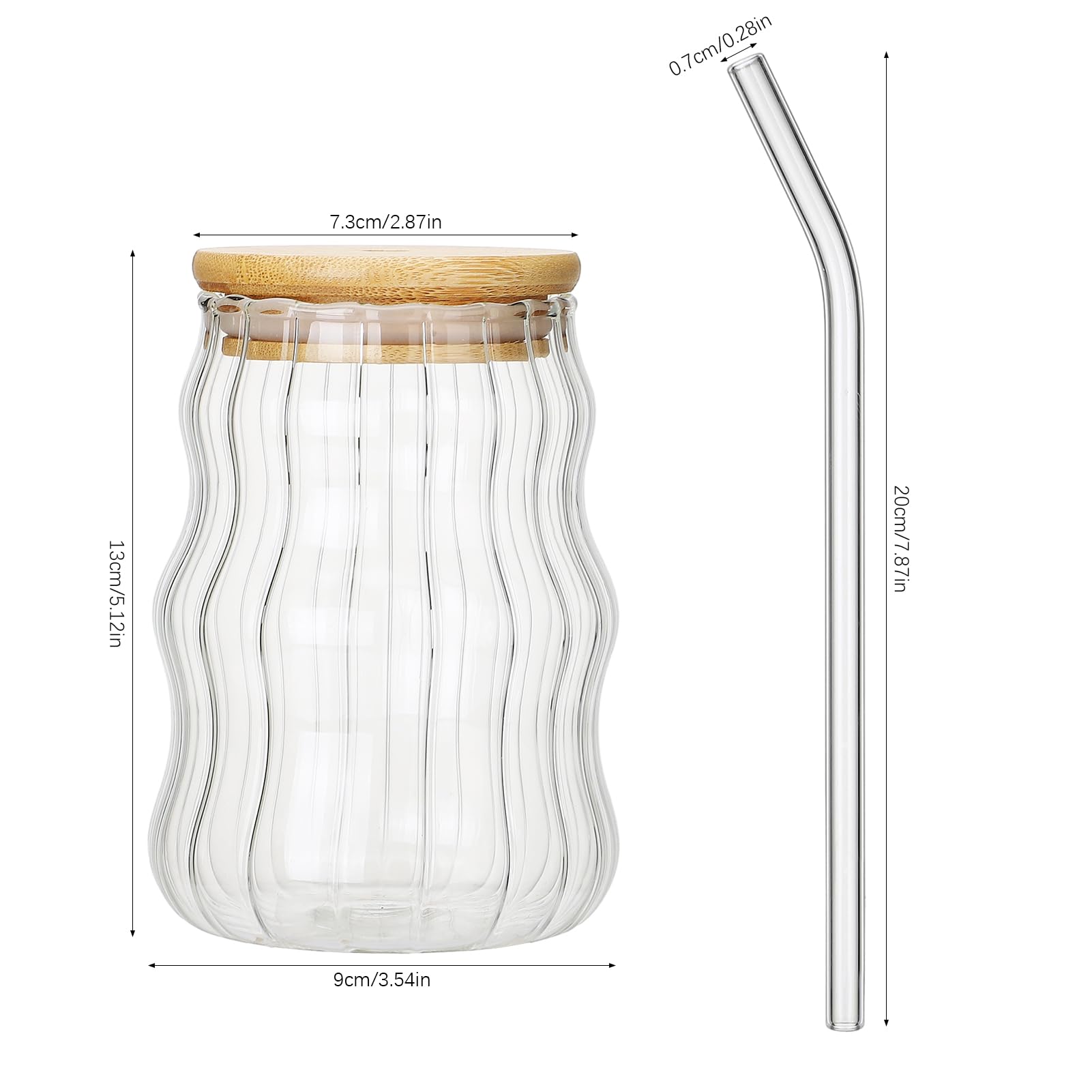 KWQBHW 2 Pack Drinking Glasses with Bamboo Lids and Glass Straw 17oz Creative Ripple Bobo Cup New Glass Tumbler Cups for Iced Coffee Soda Beer Juice Tea