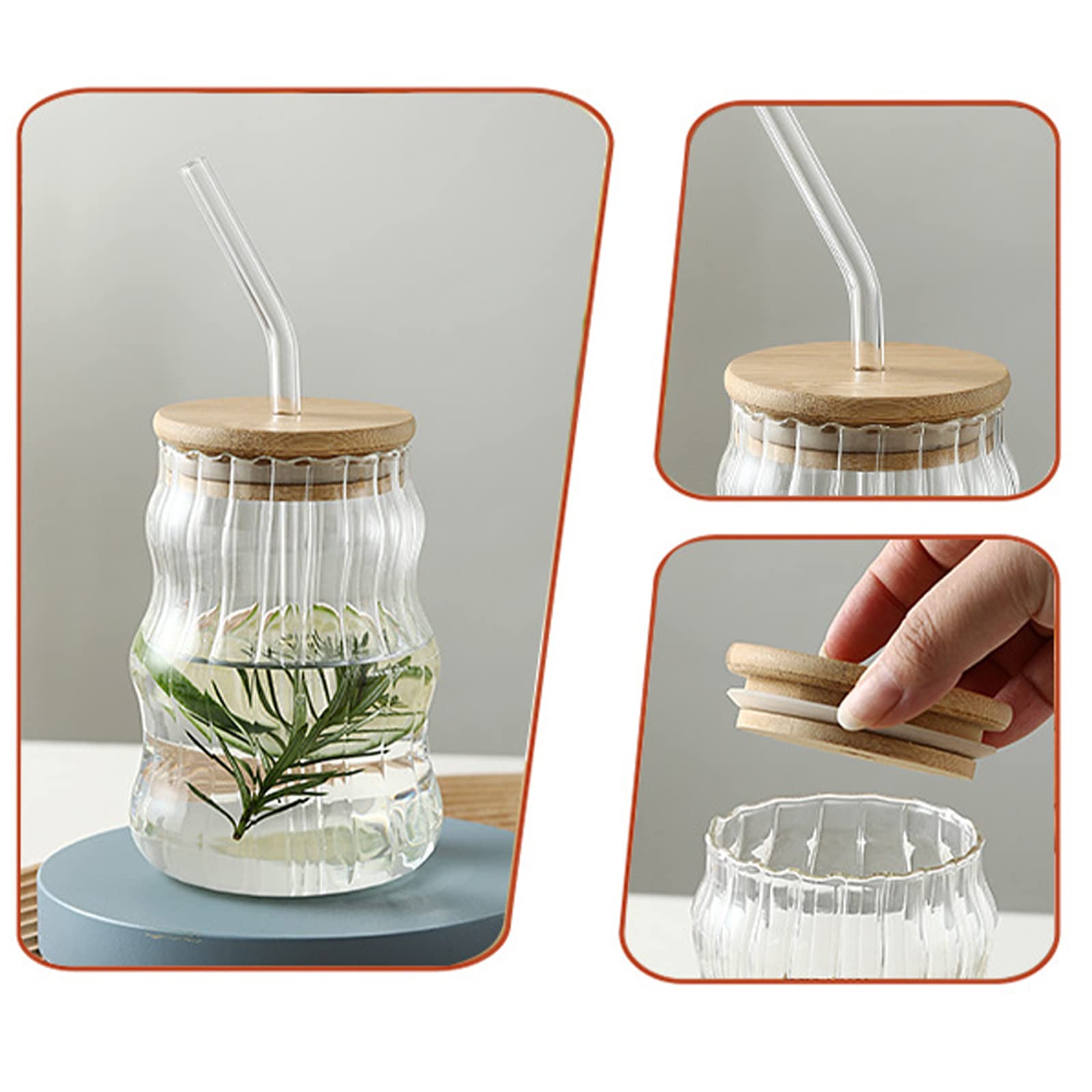 KWQBHW 2 Pack Drinking Glasses with Bamboo Lids and Glass Straw 17oz Creative Ripple Bobo Cup New Glass Tumbler Cups for Iced Coffee Soda Beer Juice Tea