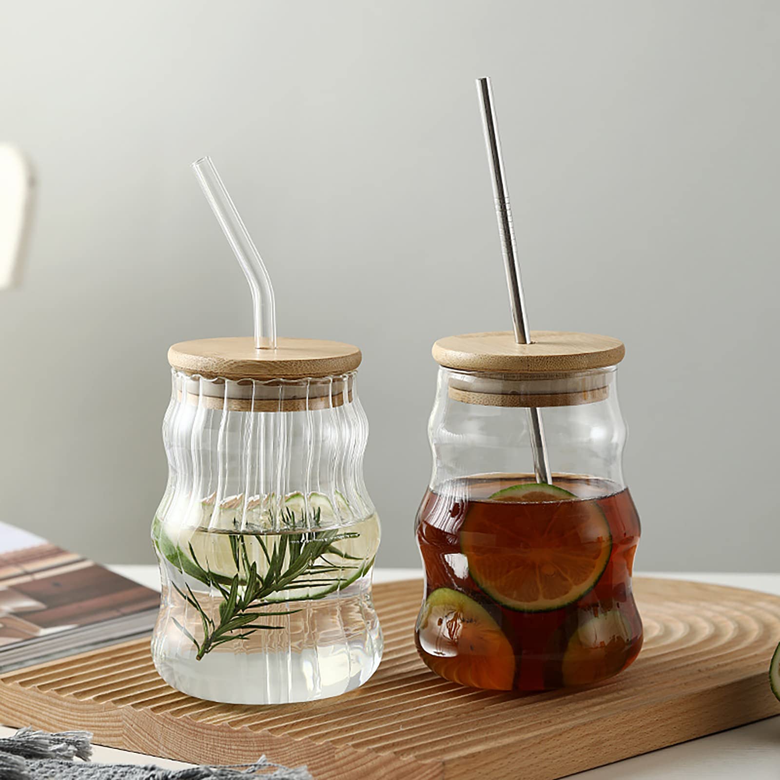 KWQBHW 2 Pack Drinking Glasses with Bamboo Lids and Glass Straw 17oz Creative Ripple Bobo Cup New Glass Tumbler Cups for Iced Coffee Soda Beer Juice Tea