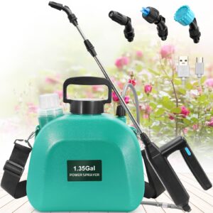 battery powered sprayer 1.35gallon, upgrade electric sprayer with 3 mist nozzles, usb rechargeable handle and retractable wand, garden sprayer with adjustable shoulder strap for lawn,garden,cleaning