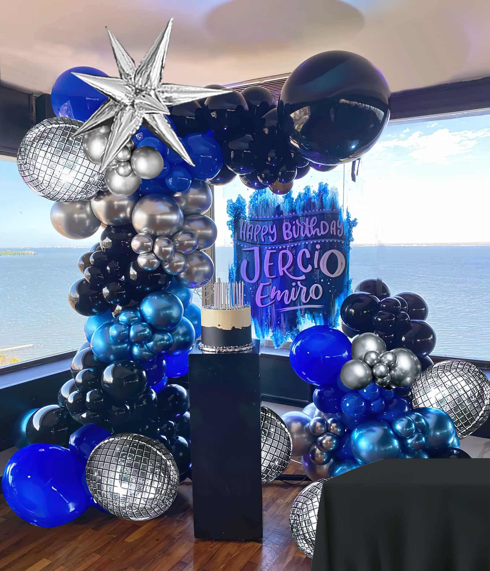 Blue and Black Silver Balloon garland kit 140pcs Royal blue and silver starburst Disco ball balloons for men 30th Birthday Party graduation 80s 90s Disco theme Decorations