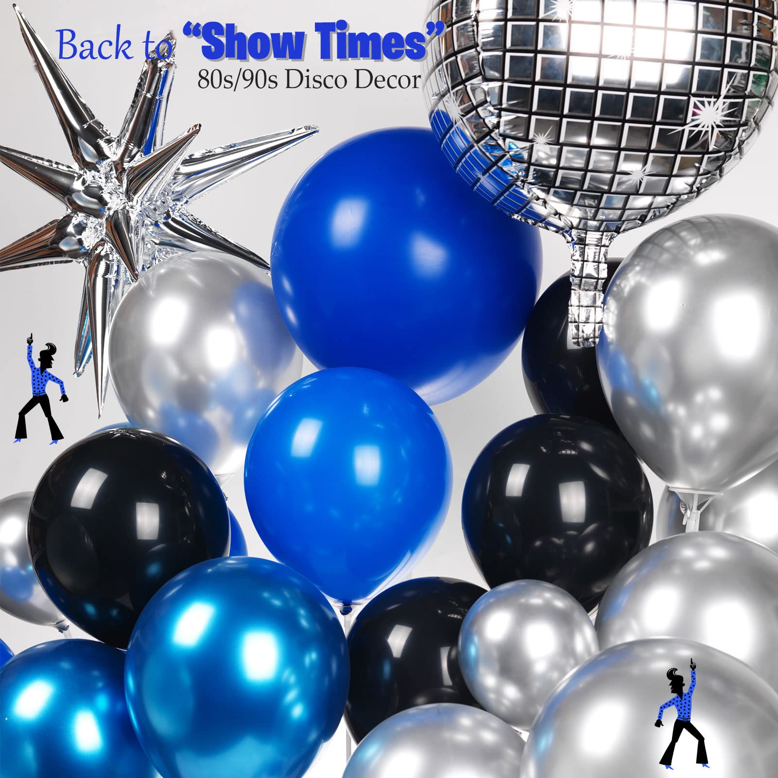 Blue and Black Silver Balloon garland kit 140pcs Royal blue and silver starburst Disco ball balloons for men 30th Birthday Party graduation 80s 90s Disco theme Decorations