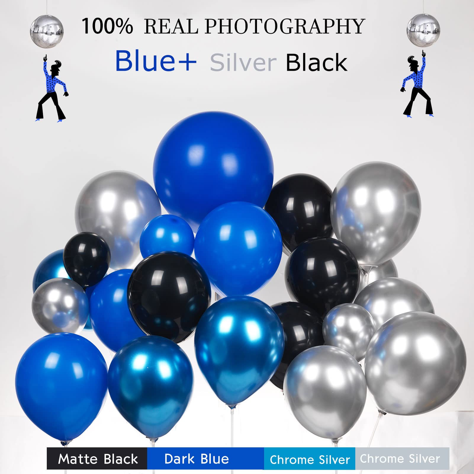 Blue and Black Silver Balloon garland kit 140pcs Royal blue and silver starburst Disco ball balloons for men 30th Birthday Party graduation 80s 90s Disco theme Decorations