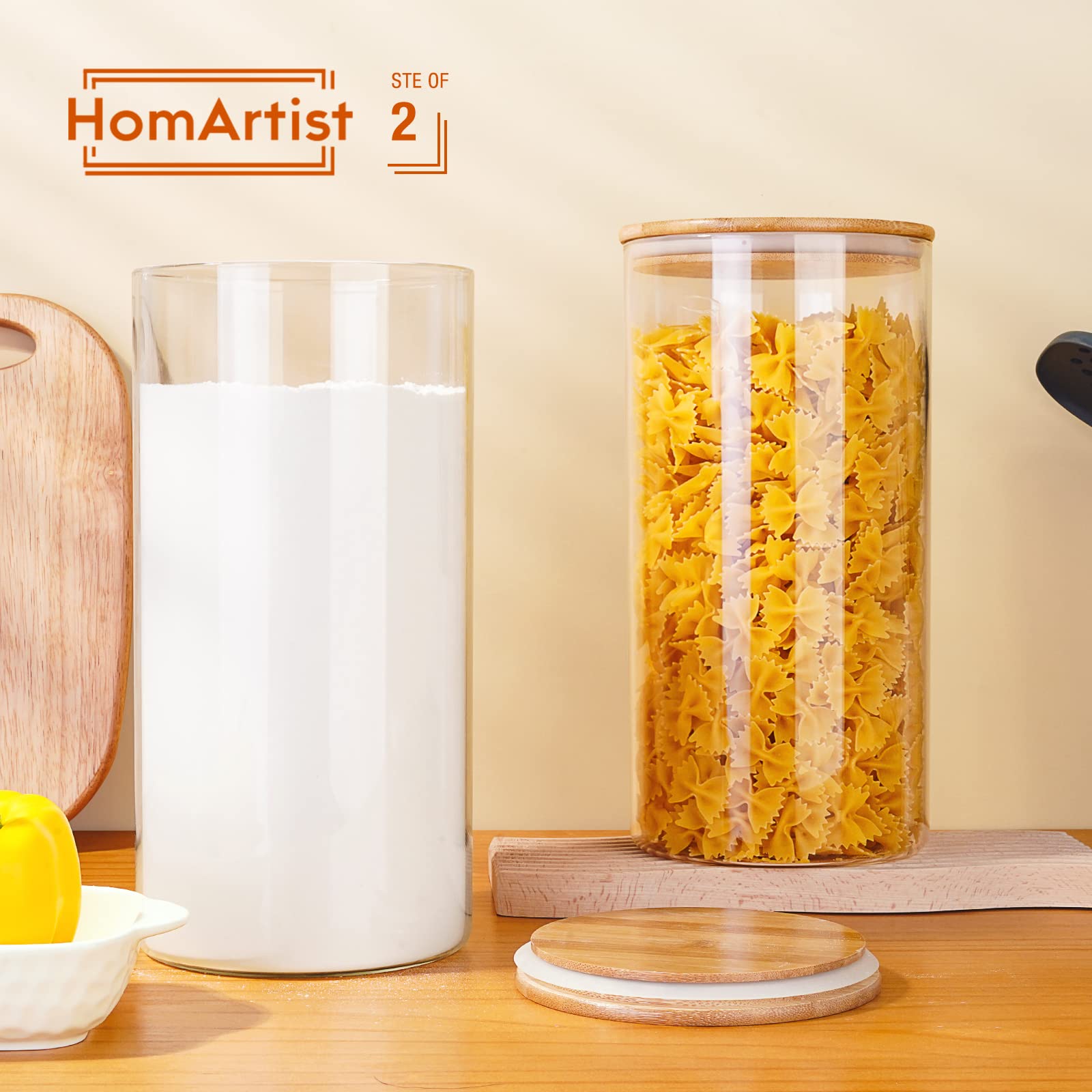 HomArtist Large Glass Flour and Sugar Containers 180oz x2 [Set of 2], Glass Food Storage Containers with Bamboo Lids, Glass Jar with Airtight Lids for Spaghetti Pasta,Rice,Cereal,Candy,Coffee, Oat