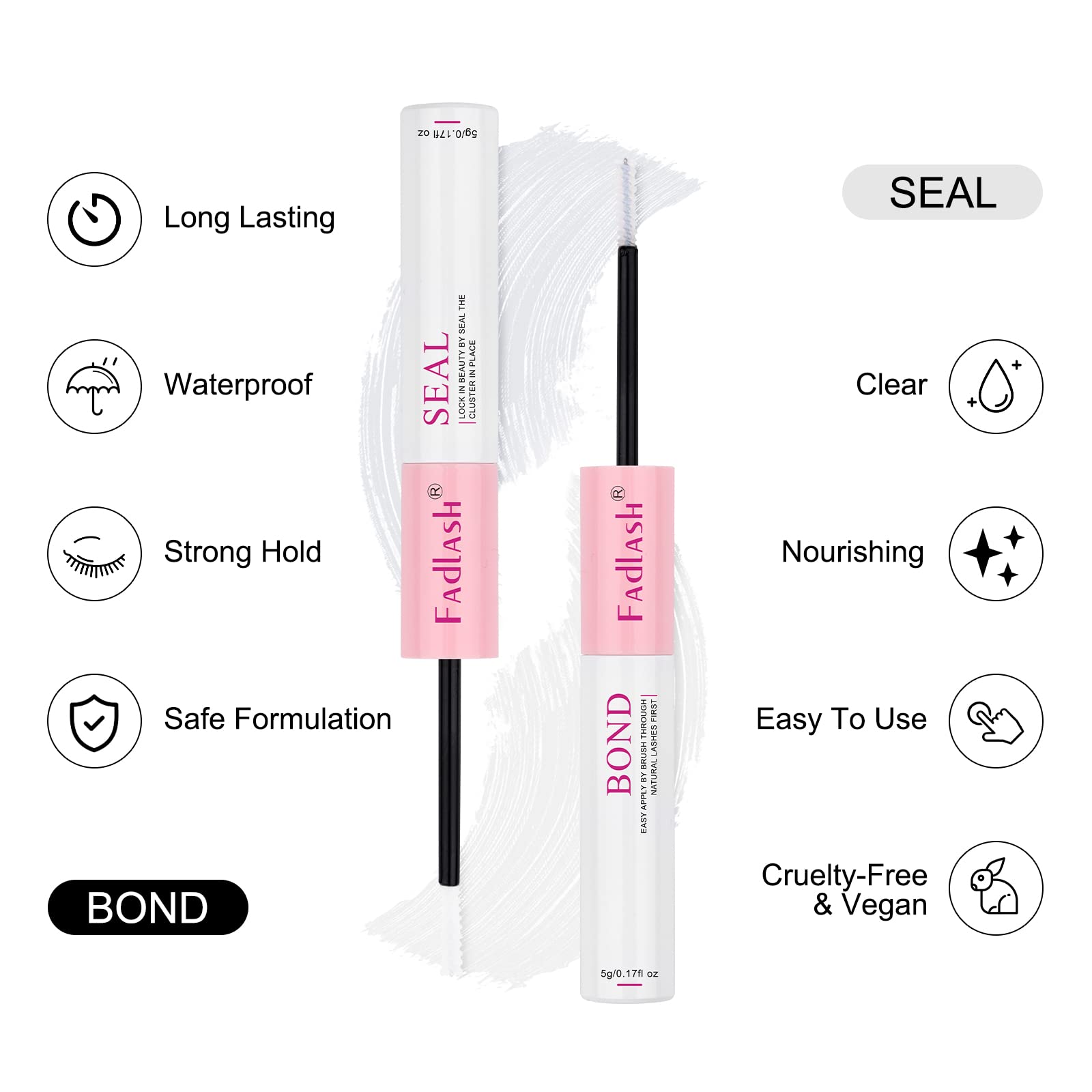 FADLASH Lash Bond and Seal 10ml Individual Lashes Glue and Seal Super Strong Hold DIY Lash Extension Kit Hold 48-72 Hours Waterproof Cluster Lash Glue Eyelash Extension Kit