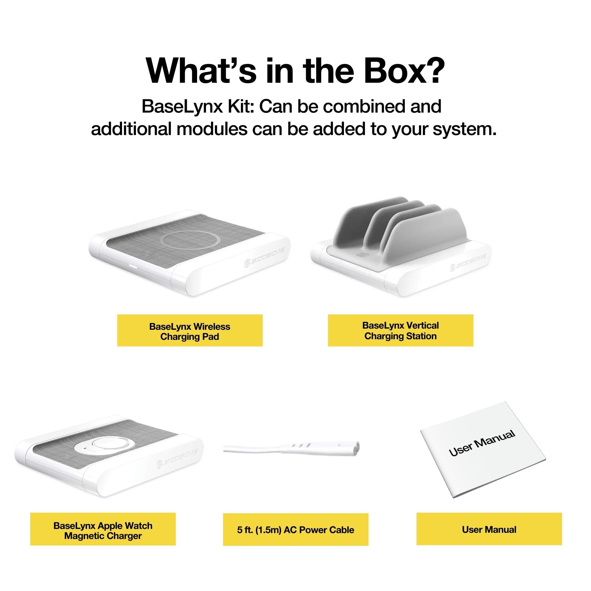 Scosche BLKIT1WT BaseLynx Modular Charging System - Wireless Charging Station with Apple Watch Charger - Qi-Certified Charger - Multi Device Charging Station with USB Ports for Portable Devices, White