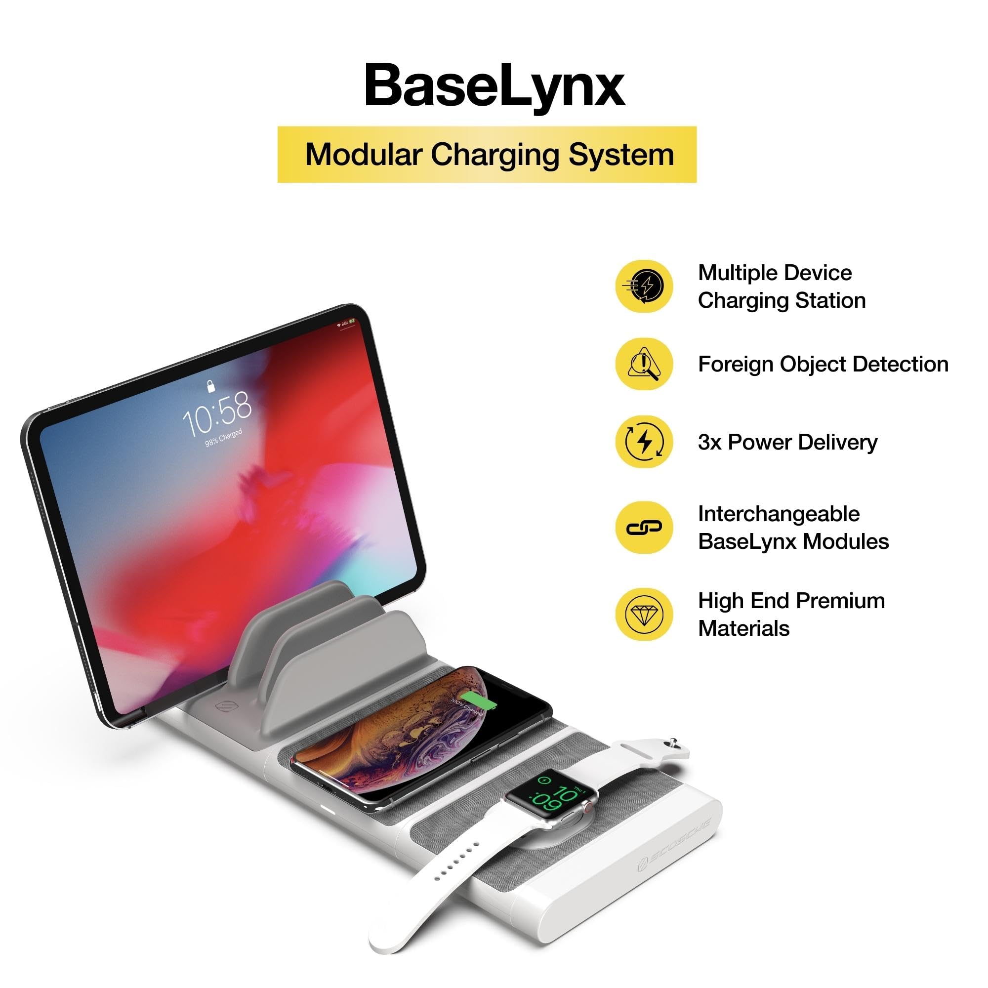 Scosche BLKIT1WT BaseLynx Modular Charging System - Wireless Charging Station with Apple Watch Charger - Qi-Certified Charger - Multi Device Charging Station with USB Ports for Portable Devices, White