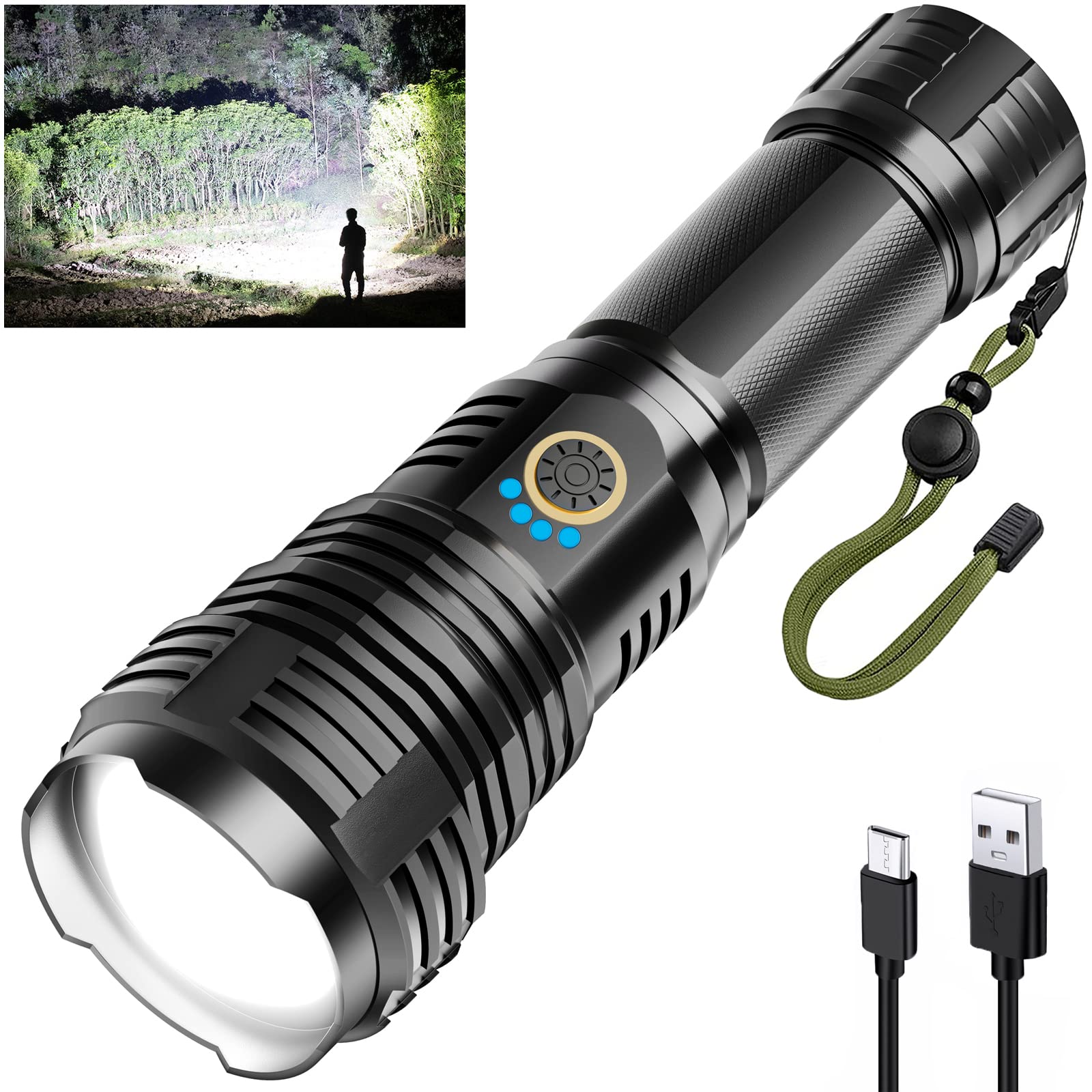 Rechargeable Flashlights 990000 High Lumens, High Power Led Flashlight, XHP70.2 Powerful Tactical Flashlight with Zoomable, 5 Modes, IPX7 Waterproof, Flashlight for Camping, Hiking, Emergencies