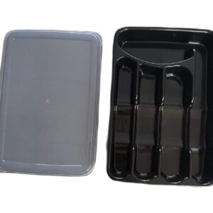 Utensil and Silverware Organizer tray for drawer with cover -Cutlery Flatware Organizer with lid - for kitchen drawer, BBQ, picnic, Covered flatware tray,5 Compartments - Plastic (BLACK)