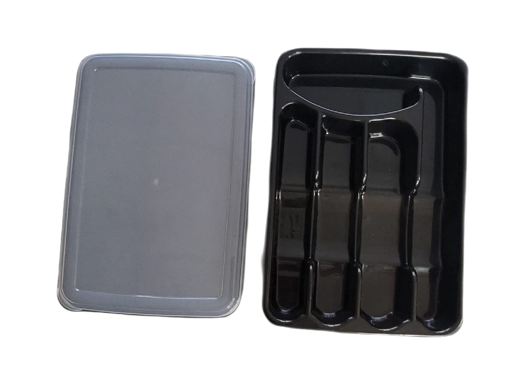 Utensil and Silverware Organizer tray for drawer with cover -Cutlery Flatware Organizer with lid - for kitchen drawer, BBQ, picnic, Covered flatware tray,5 Compartments - Plastic (BLACK)