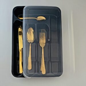 Utensil and Silverware Organizer tray for drawer with cover -Cutlery Flatware Organizer with lid - for kitchen drawer, BBQ, picnic, Covered flatware tray,5 Compartments - Plastic (BLACK)