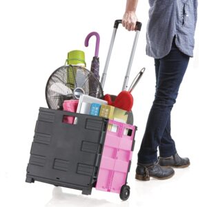 inspired living ultra-slim rolling collapsible storage pack-n-roll utility-carts, with telescopic handle, for home, garden, shopping, office, school use, large, pink & black