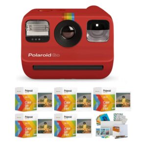polaroid go instant mini self-timer portable camera (red) bundle with go color film - 5 twin packs, and instax film kit with 3 magnetic and 10 hanging frames and storage box (7 items)