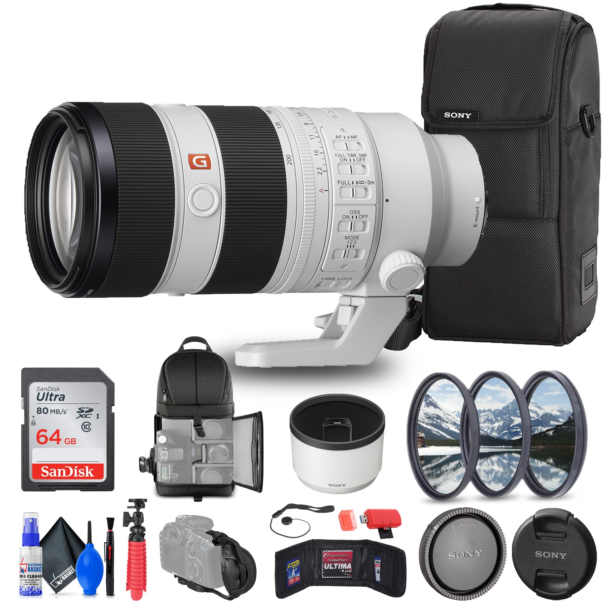 Sony FE 70-200mm f/2.8 GM OSS II Lens (SEL70200GM2) + 64GB Memory Card + FilterKit + Backpack + Card Reader + Flex Tripod + Memory Wallet + Cap Keeper + Cleaning Set + Hand Strap (Renewed)