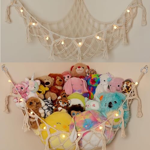 Lilly's Love Stuffed Animal Macrame Hammock w/String Lights | Large Boho Style Rope Net Holder for Kids Toys | Hanging Corner Nursery Storage Organizer for Your Plushie Pets (White)