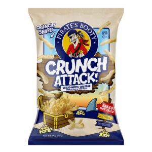 pirate's booty crunch attack, white cheddar cheese puffs, gluten free, crunchy snack for kids, 8oz grocery size bag