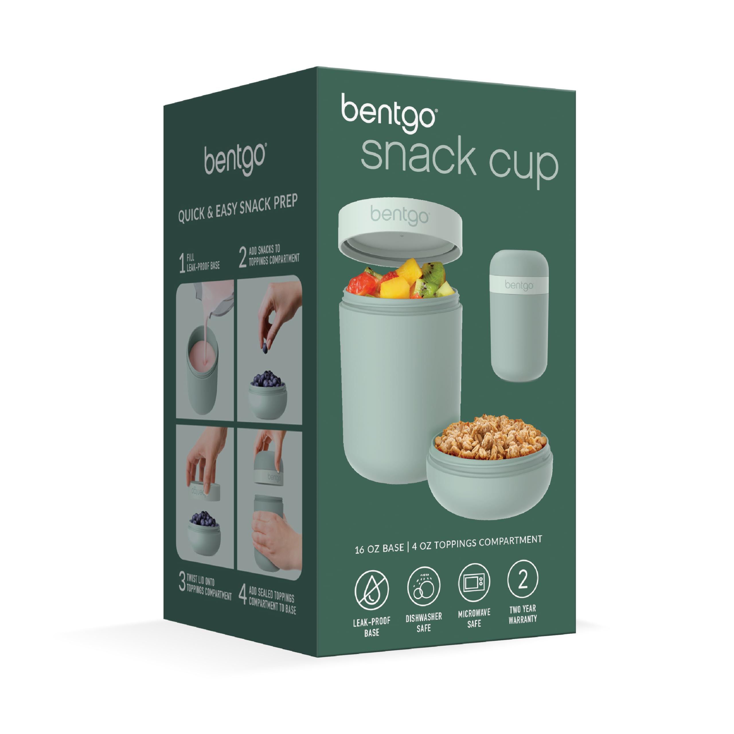 Bentgo® Snack Cup - Reusable Snack Container with Leak-Proof Design, Toppings Compartment, and Dual-Sealing Lid, Portable & Lightweight for Work, Travel, Gym - Dishwasher Safe (Mint Green)