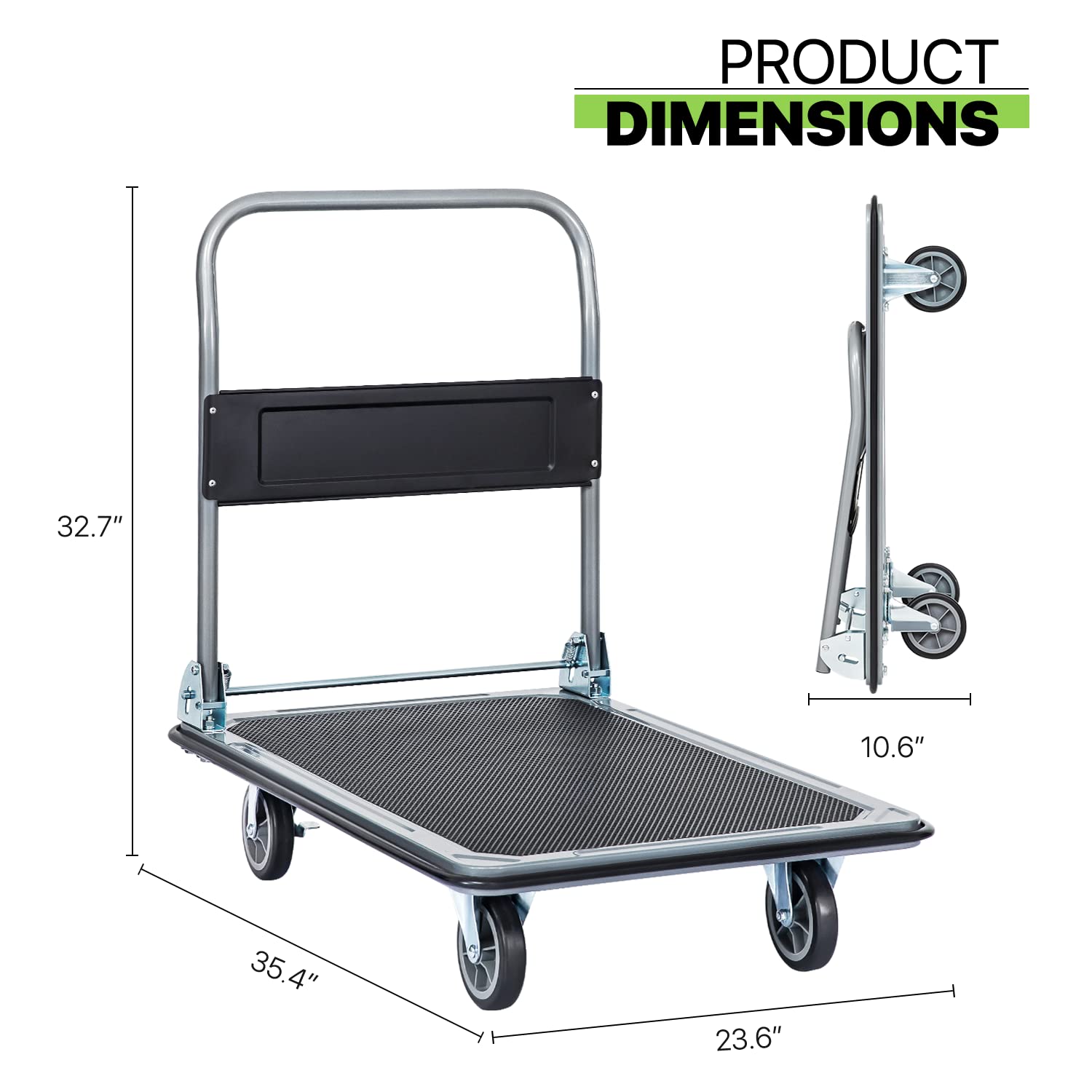 Magshion Platform Hand Truck Cart, High Carbon Steel Folding & Rolling Flatbed Cart with 4 Heavy-Duty Casters Load Capacity 661LBS for Home, Office Loading (Black)