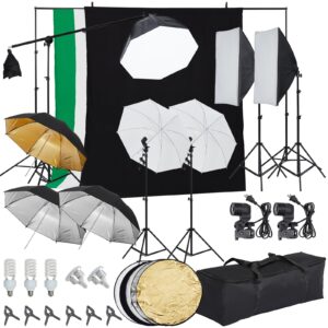 pioneerworks photography lighting kit with backdrops, 8.5ftx10ft backdrop stand, 5 tripod stands and bulb, umbrella softbox continuous lighting, photo studio equipment for portrait product photo shoot