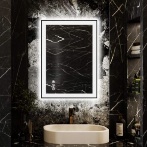 iskm framed led bathroom mirror 20x28 inch, backlit and front lighted dimmable anti-fog wall mounted vanity mirror, memory function, shatterproof and waterproof