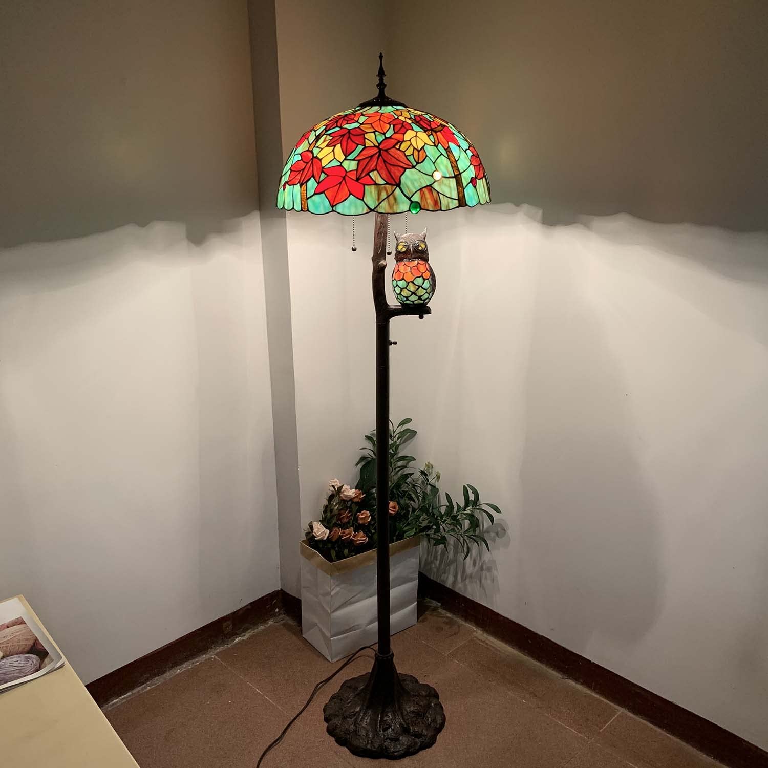 Bieye L10841 Maple Tree Leaves Tiffany Style Stained Glass Floor Lamp with 18 inches Wide Lampshade, Owl Side Lamp, 4-Light, 65 inches Tall