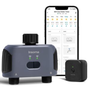 wifi sprinkler timer, insoma smart water timer for garden hose, automatic irrigation system with wifi hub, up to 20 watering plans, app control, work with alexa and google assistant, 2 outlets