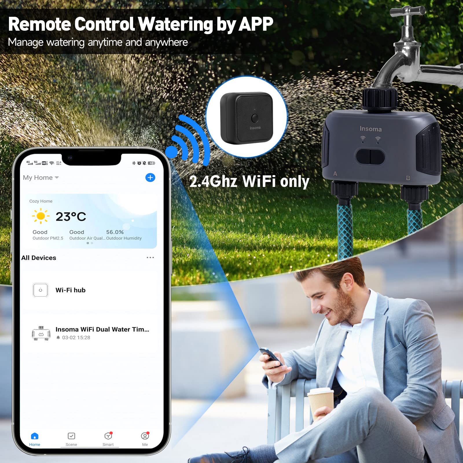 WiFi Sprinkler Timer, Insoma Smart Water Timer for Garden Hose, Automatic Irrigation System with WiFi Hub, Up to 20 Watering Plans, APP Control, Work with Alexa and Google Assistant, 2 Outlets