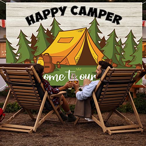 Roetyce Camping Themed Party Decorations Happy Camper Banner Backdrop 5.9 x 3.6 Ft, Outdoor/Indoor Family Camp Gatherings Decor Forest Campfire Photo Background Camping Birthday Party Supplies