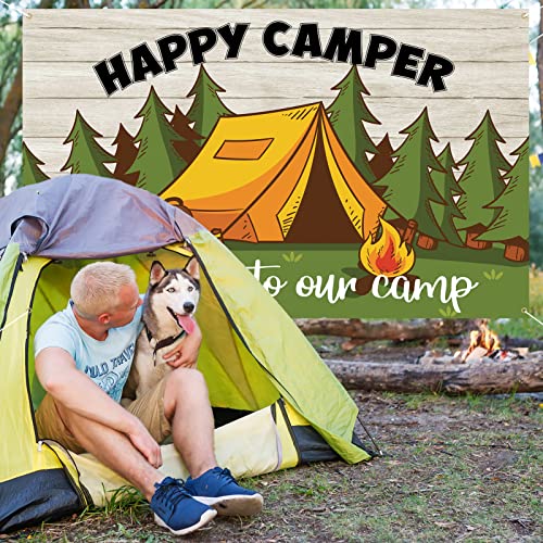 Roetyce Camping Themed Party Decorations Happy Camper Banner Backdrop 5.9 x 3.6 Ft, Outdoor/Indoor Family Camp Gatherings Decor Forest Campfire Photo Background Camping Birthday Party Supplies