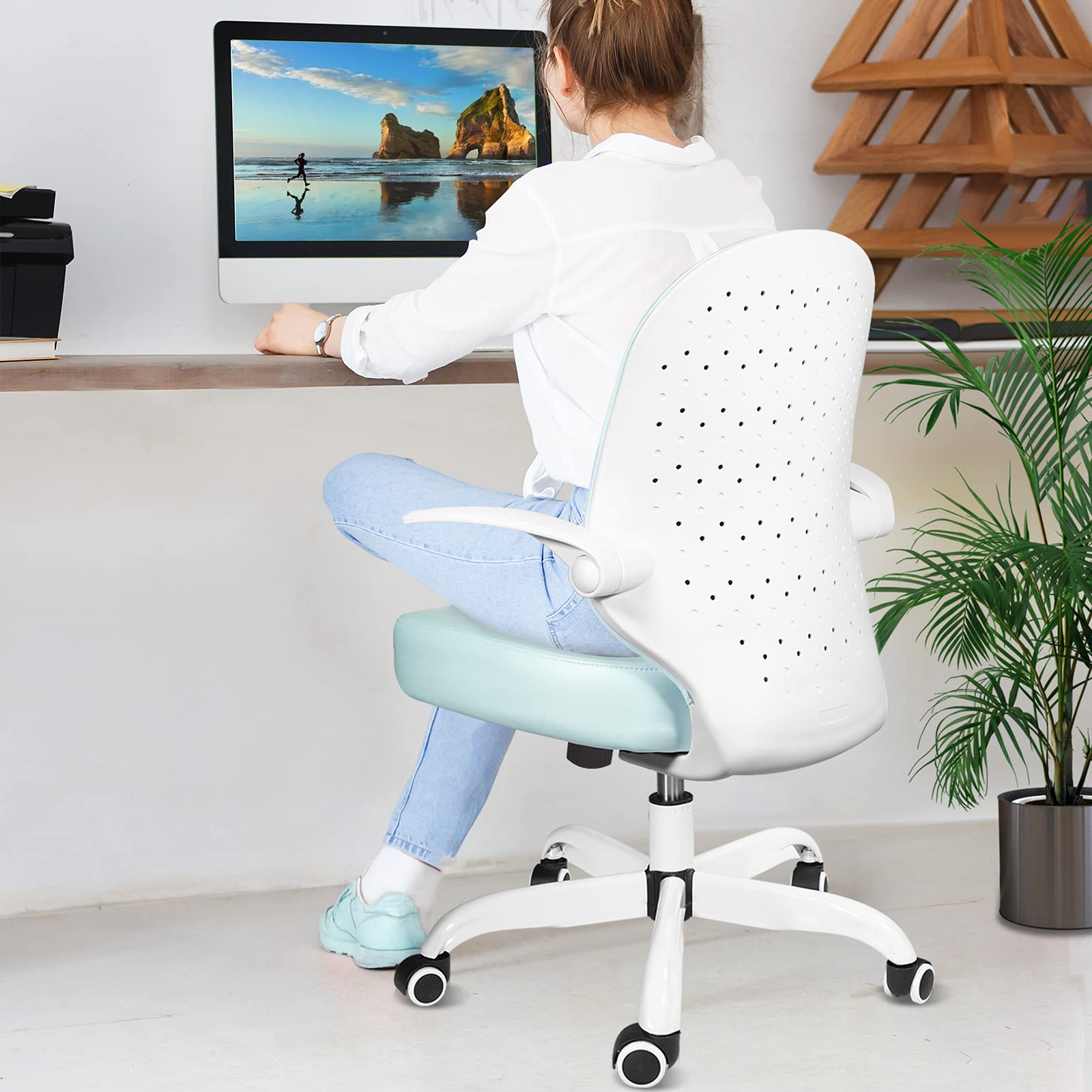 Ollega Desk Chairs with Wheels and Arms, Blue Office Chair for Small Space, Ergonomic Leather Office Chair Adjustable Height and Swivel Lumbar Support, Small Desk Chair with Flip Up Armrests