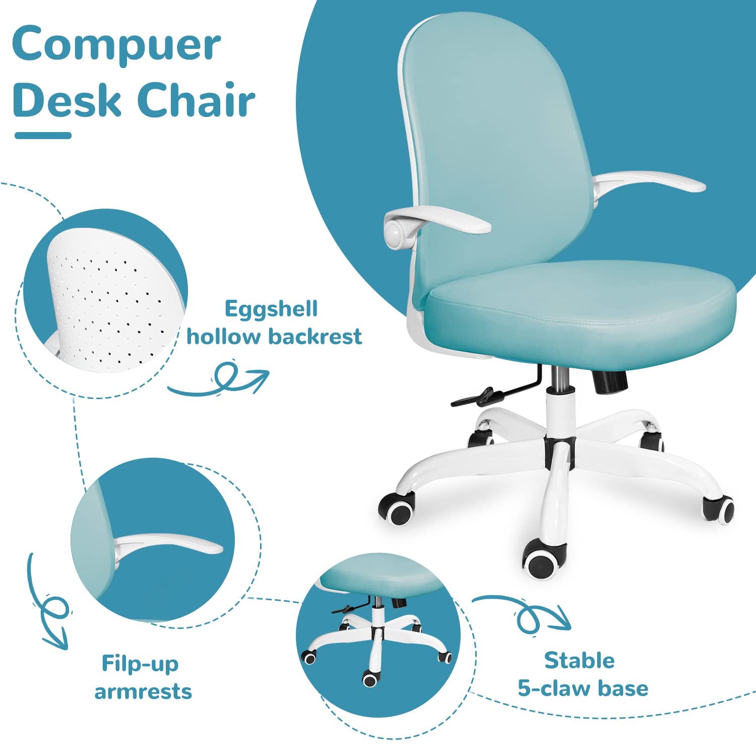 Ollega Desk Chairs with Wheels and Arms, Blue Office Chair for Small Space, Ergonomic Leather Office Chair Adjustable Height and Swivel Lumbar Support, Small Desk Chair with Flip Up Armrests